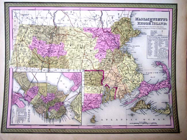 A very fine example of Mitchell's Map of Massachusetts and Rhode Island with detailed inset map of Boston published in 1849.